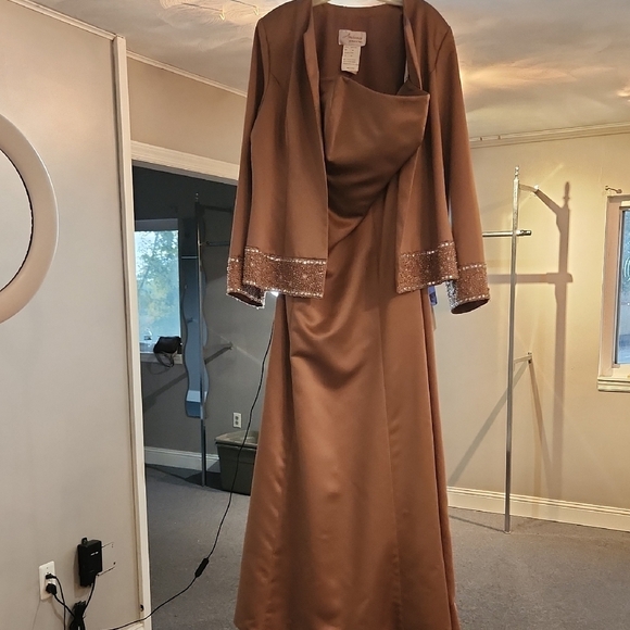 Ambiance Dresses & Skirts - Ambiance 18 Latte 2 Piece, Strapless Satin Dress And Jacket With Beaded Trim